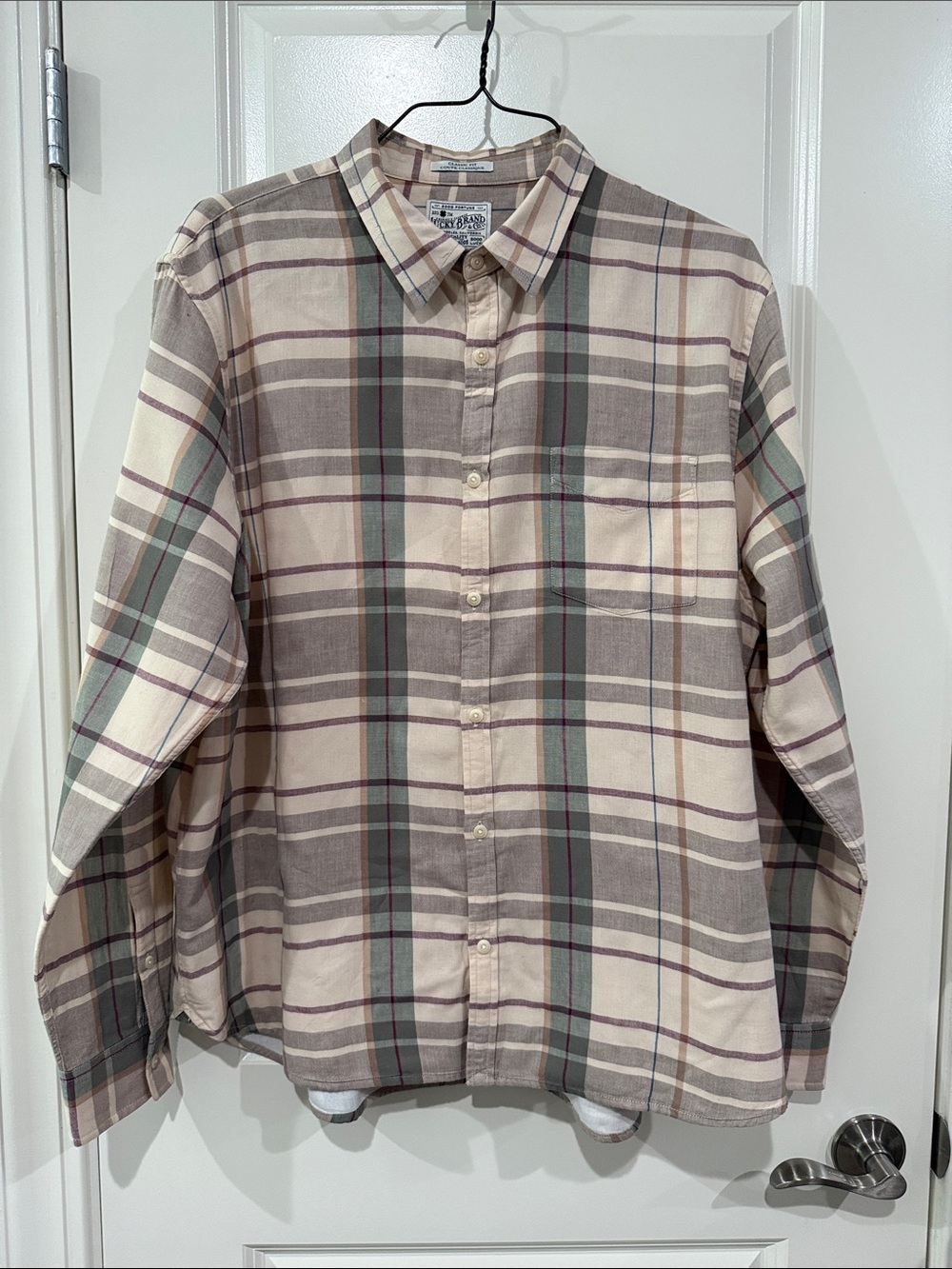 Lucky Brand Beige Plaid Button-Down Shirt with Green Accents